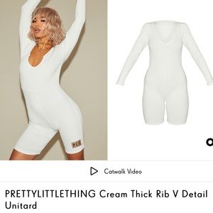 PLT Cream thick ribbed v detail unitard